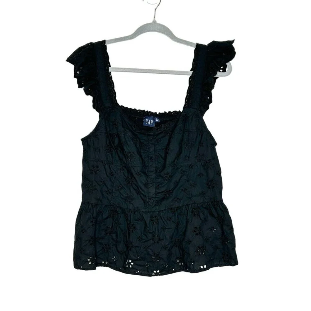 Gap Eyelet Flutter Sleeve Tank Top Women’s Sz L Black Buttons Cottagecore - Picture 1 of 7